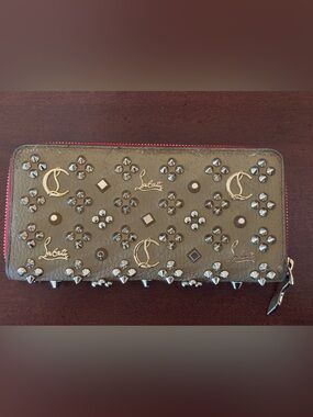 Christian Louboutin Beige with Gold Spikes & Embellishments Zip Around Wallet